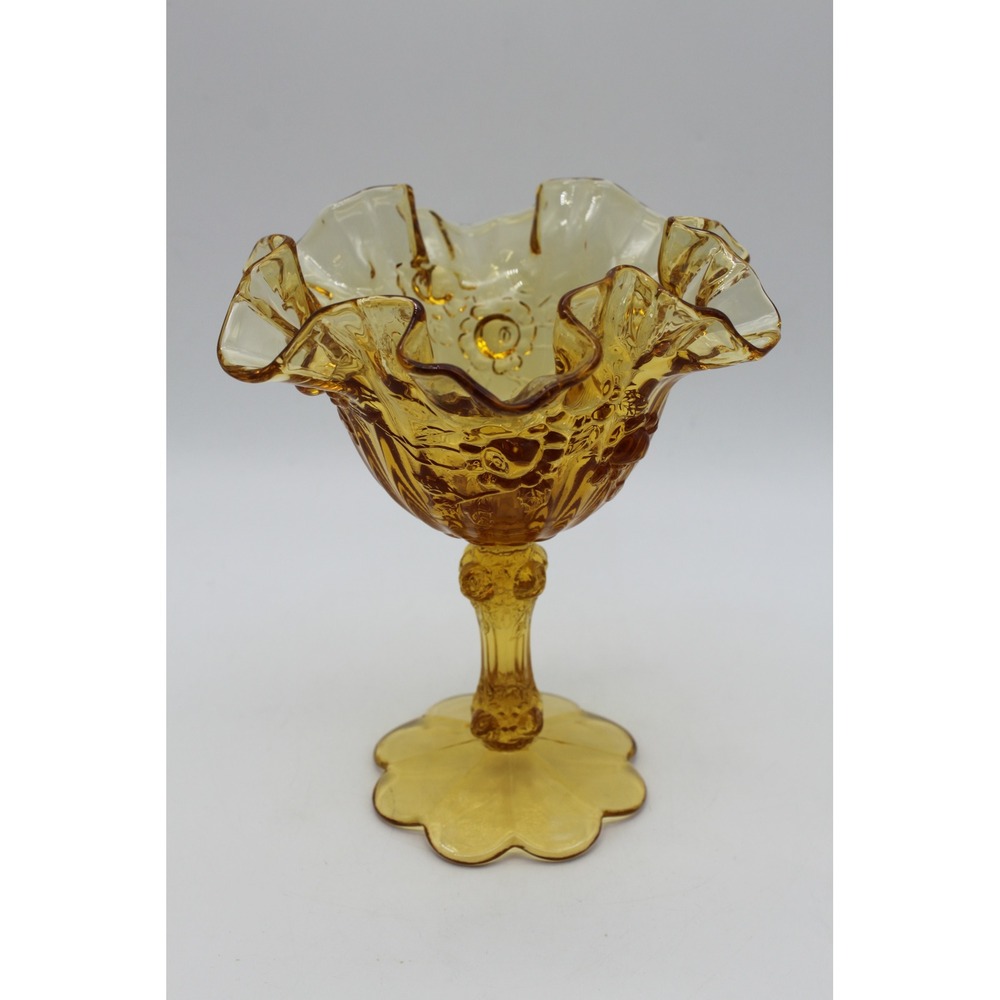 Vtg Collectible MCM Fenton Cabbage Rose Colonial Amber Glass Pedestal Compote